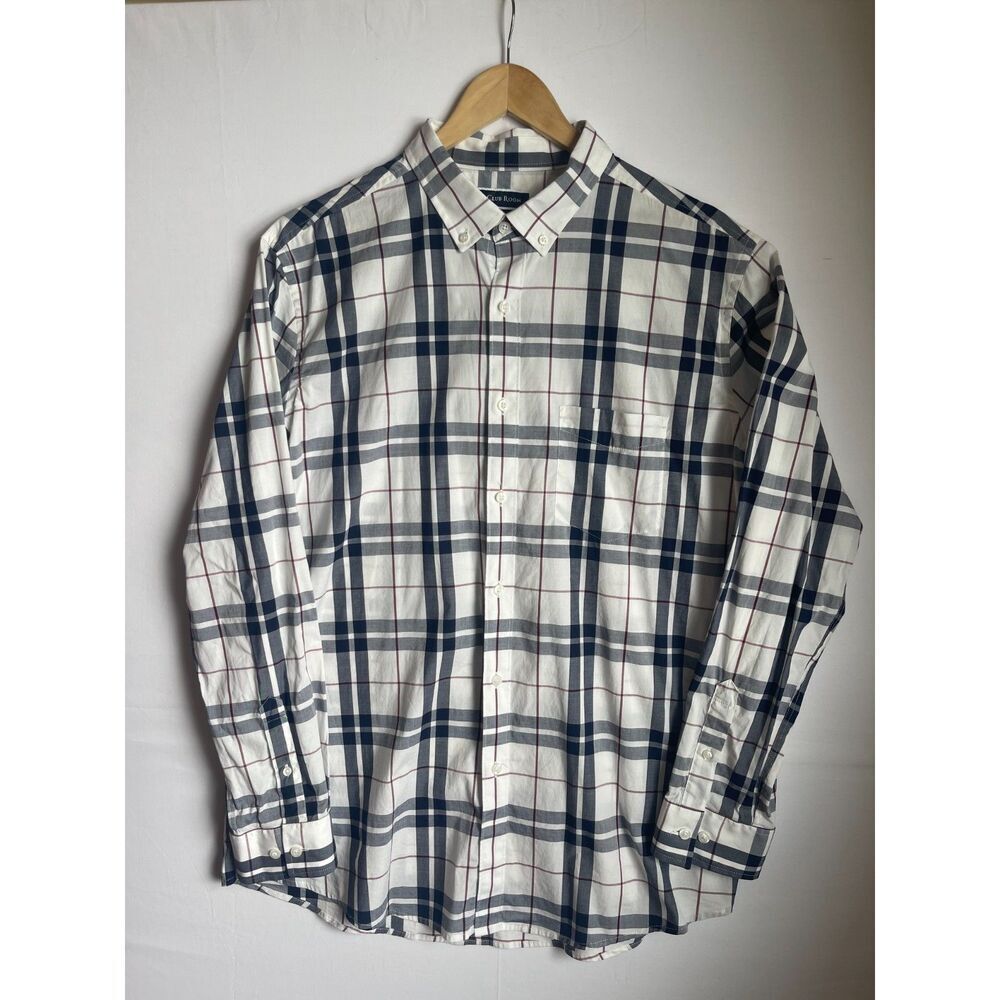 Club Room Mens XL Plaid Button Down Shirt White Blue Burgandy Long Sleeve Cotton